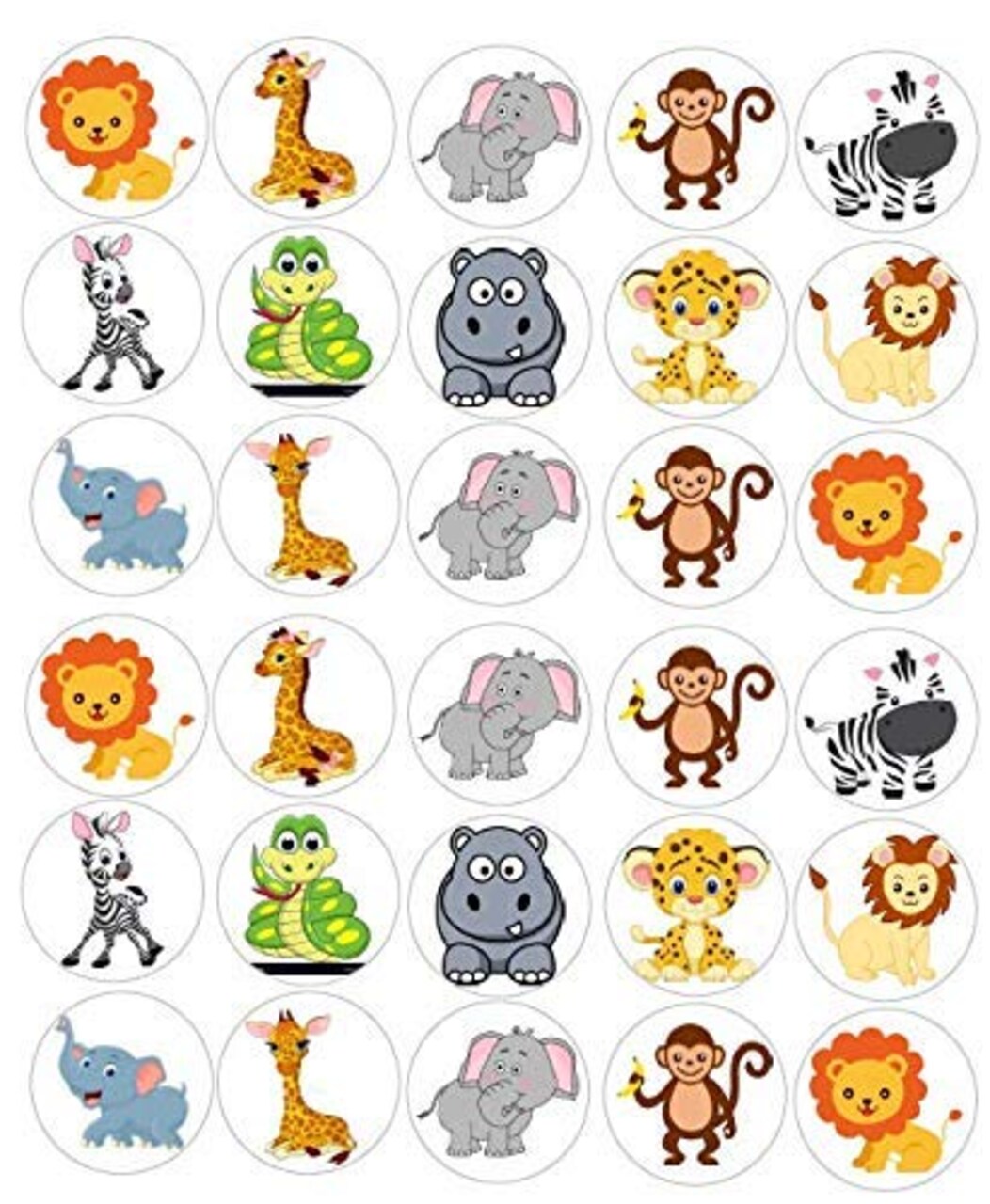 Whimsical Practicality Safari Jungle Animals Edible Icing Image Cupcake and Cookie Decorations (2 Inch Rounds)